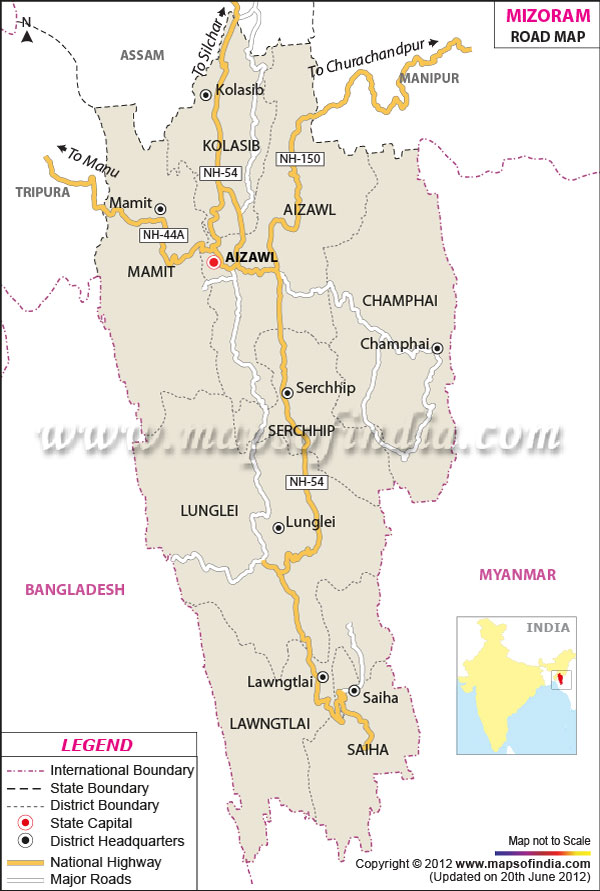 Road Map of Mizoram