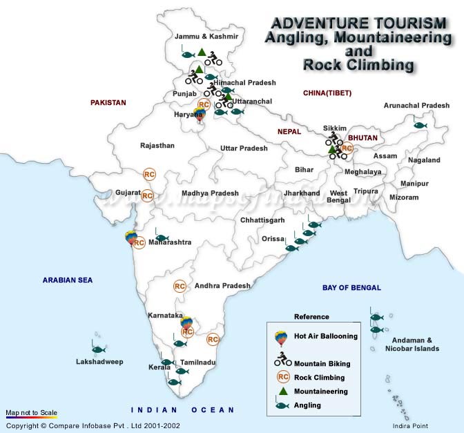 Map Locating Major Adventure Tourism in India
