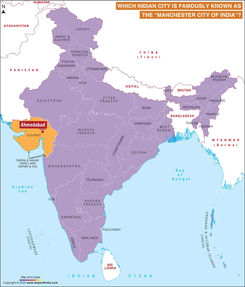 Map of India Highlighting City Famously Known as the "Manchester City of India"