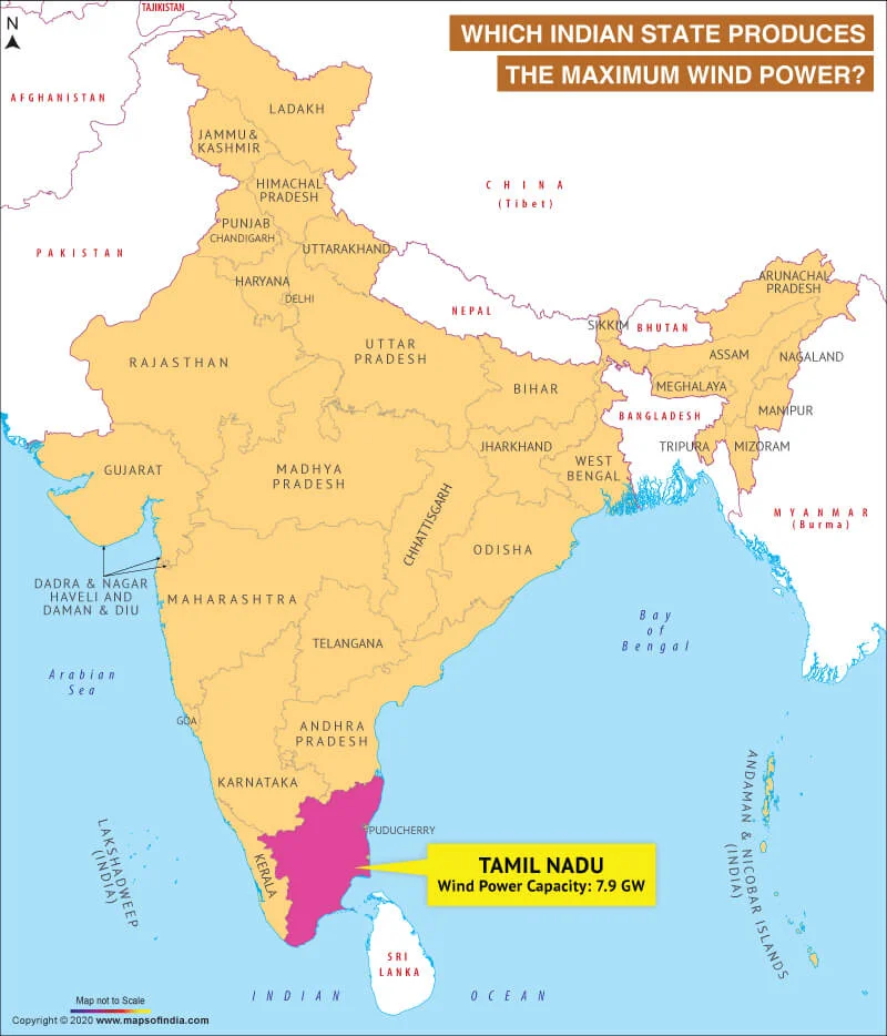 Map of India Highlighting the Maximum Wind Power Producing State