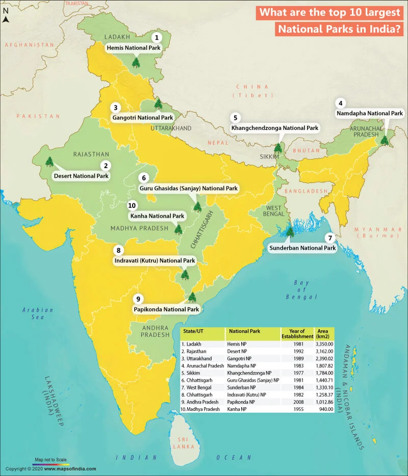 Map Showing Location of Top 10 Largest National Parks in India
