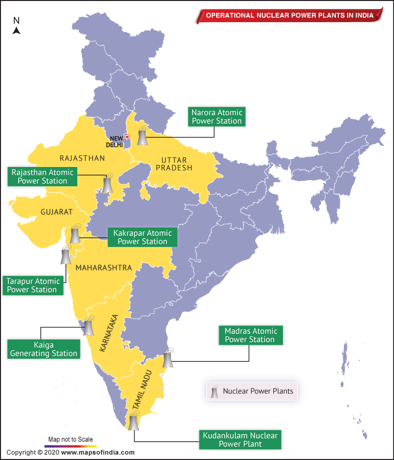 Map of India Showing Location of 7 Nuclear Power Plants