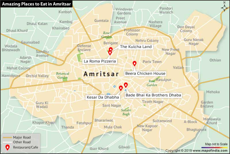 Map Showing Best Places to Eat in Amritsar, Punjab