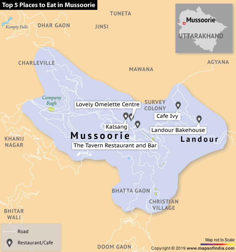 Map Showing Top 5 Places to Eat in Mussoorie