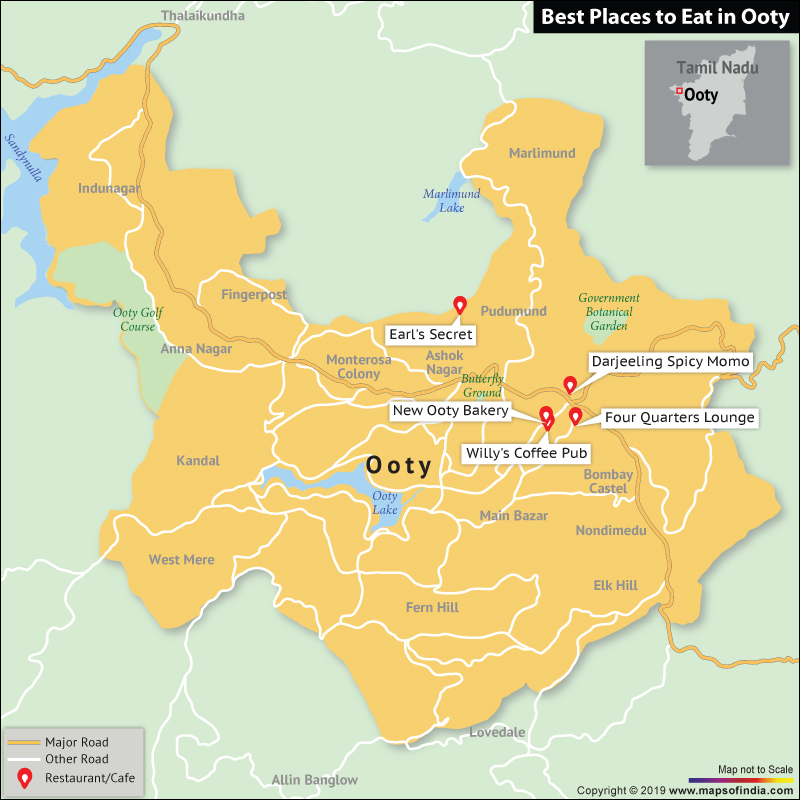 Map Showing Top Places to Eat in Ooty