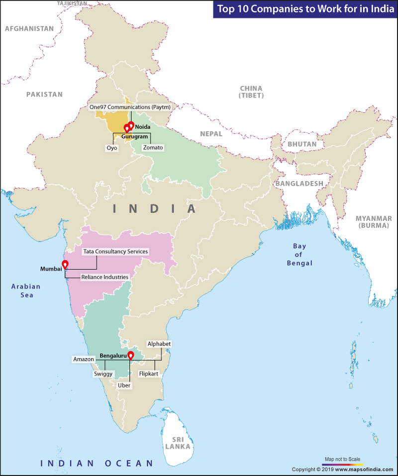 Map Showing Top 10 Companies to Work for in India