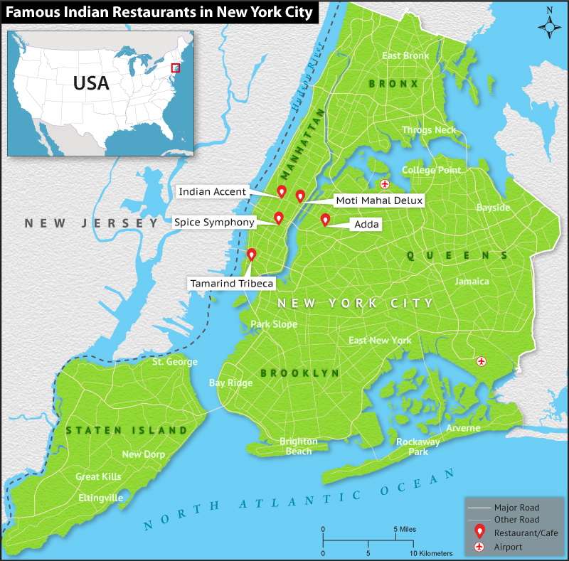 Map Showing Famous Restaurants for Indian Food in New York
