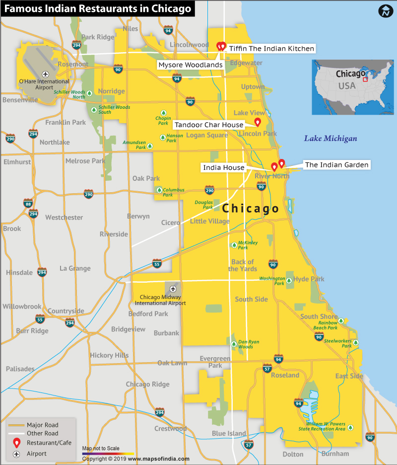Map Showng The Top Restaurants in Chicago for Indian Food