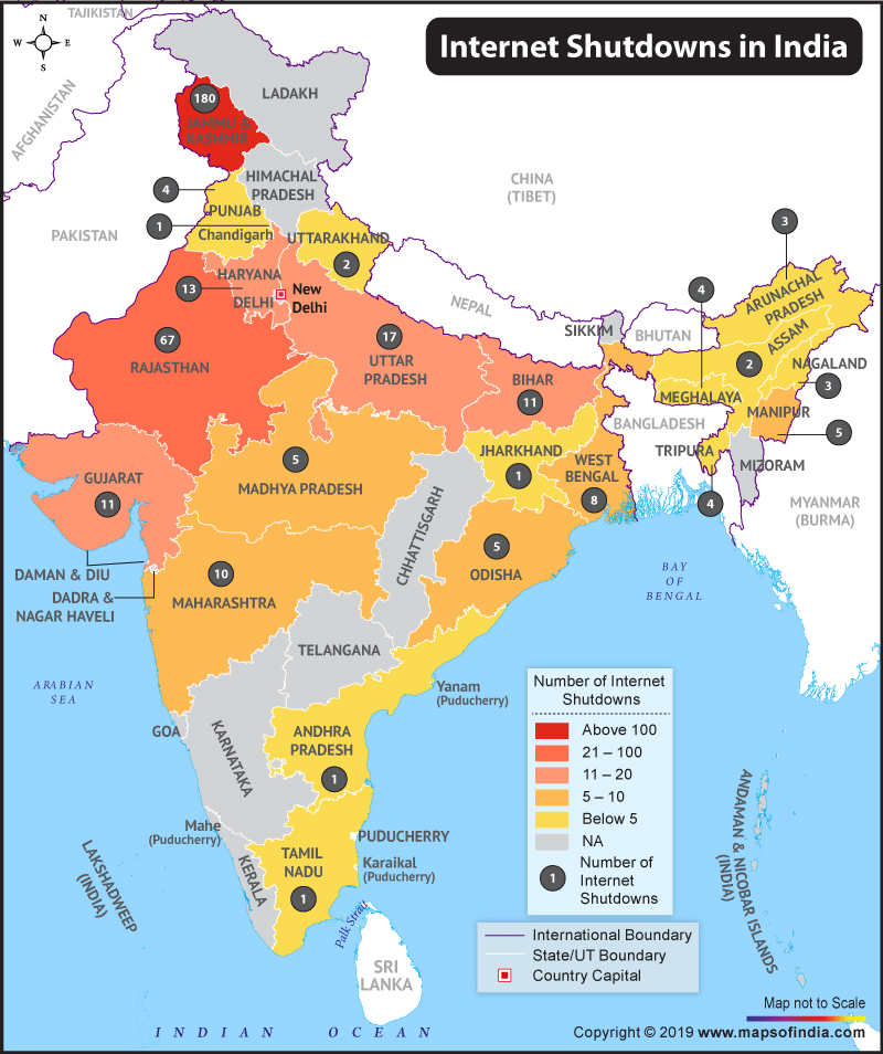 Map Showing Internet Shutdown in India