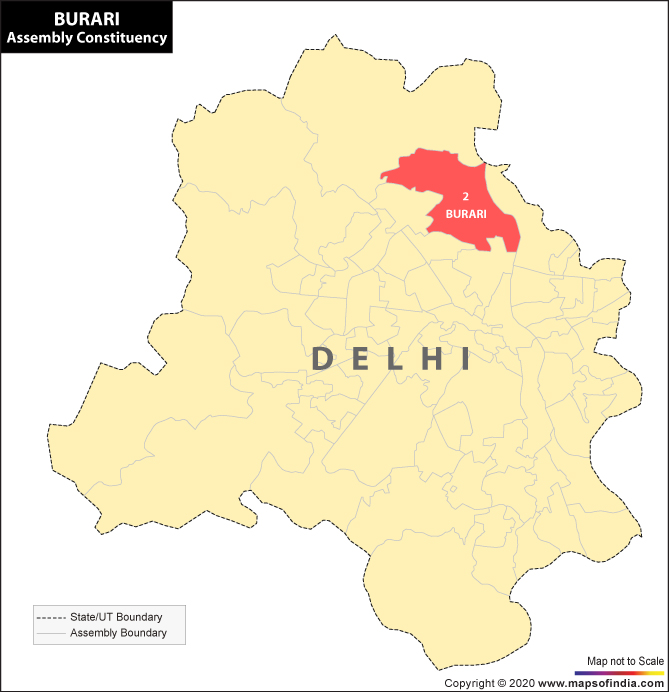 Delhi Map Highlighting Location of Burari Assembly Constituency