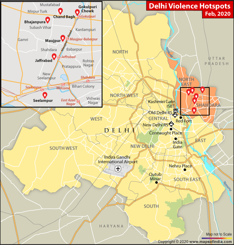 Map Showing Delhi Violence Hotspots Feb 2020