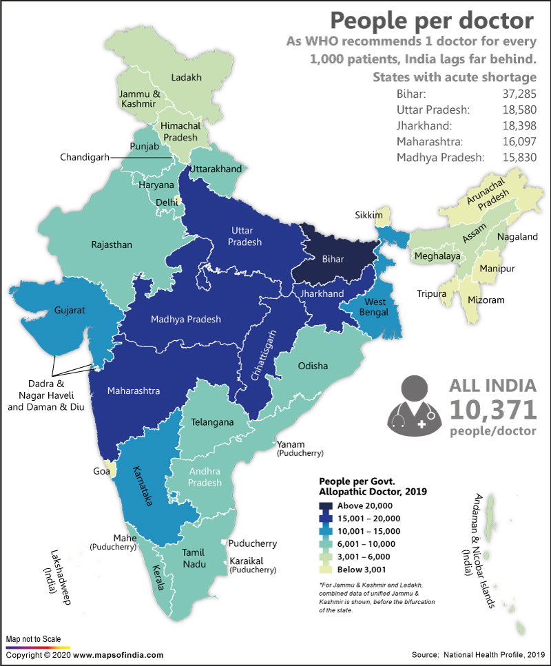 Map of India Showing Number of People Per Government Allopathic Doctor in the Country