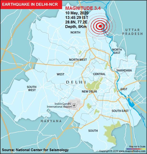 Map of Delhi Showing Earthquake Hit Location on May 10, 2020