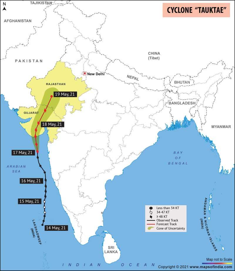 India Map showing the path of cyclone tauktae - Maharashtra Gujarat to Rajasthan