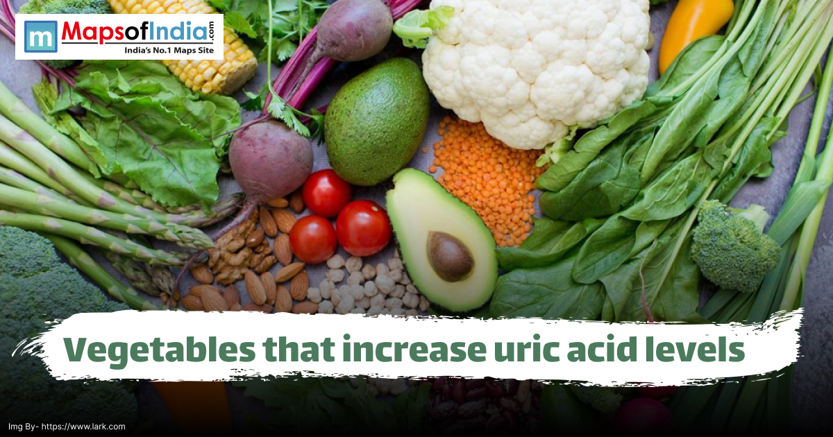 Assorted vegetables with text: Vegetables that increase uric acid levels.