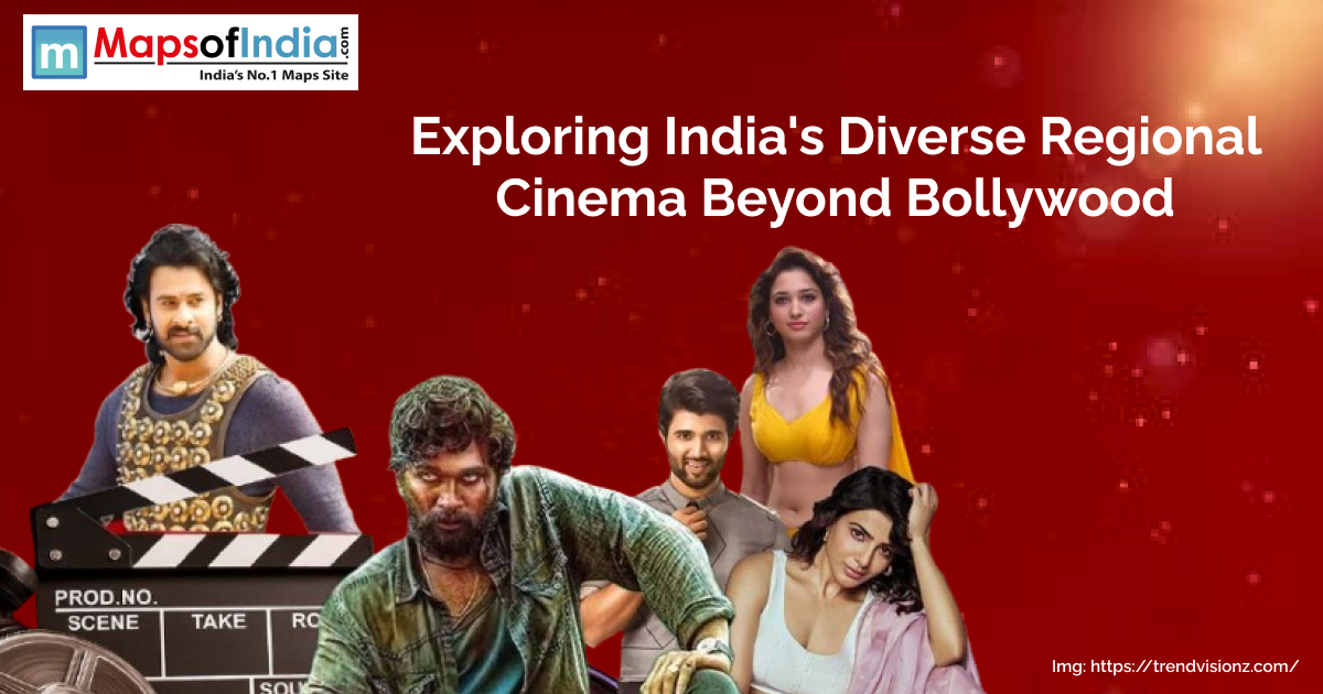 Collage image featuring prominent South Indian cinema actors with a film clapperboard, under the headline "Exploring India's Diverse Regional Cinema Beyond Bollywood" on a red background.