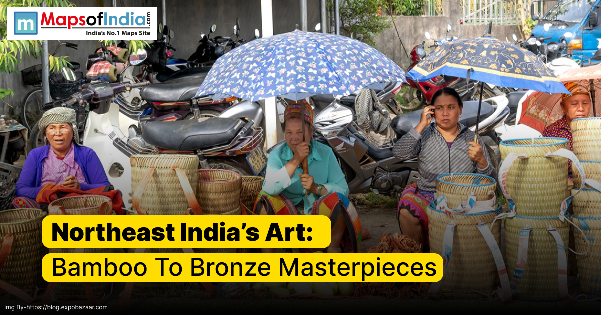 Handcrafted bamboo and bronze crafts from Northeast India displayed at a vibrant local market, showcasing the region’s unique artisanal heritage.