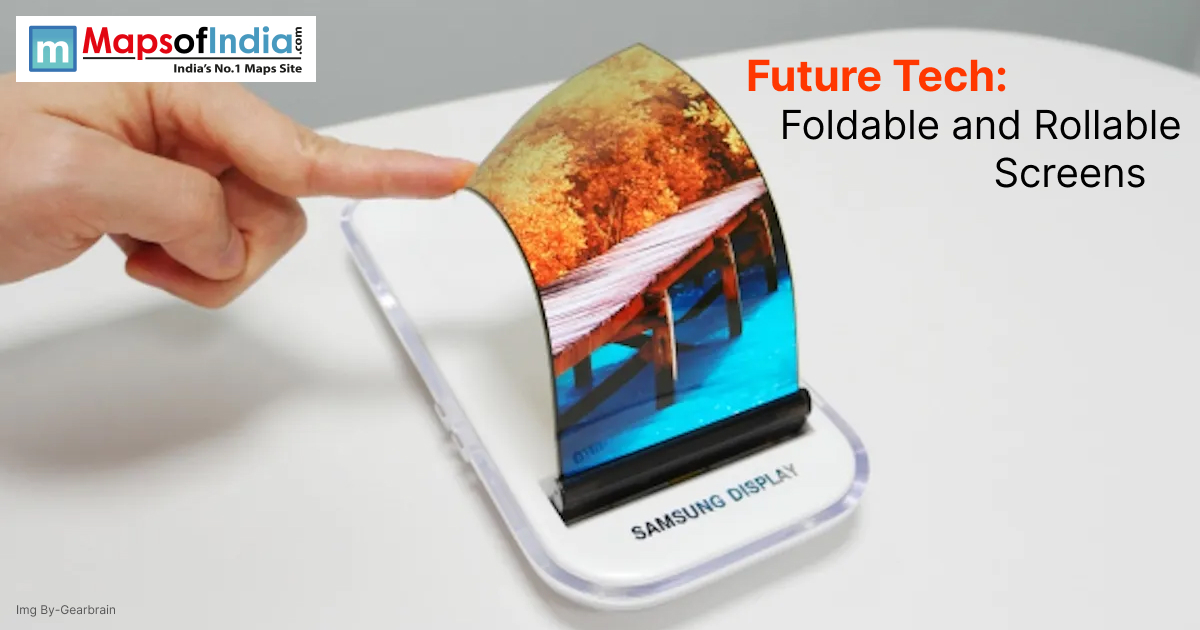 An illustration of futuristic foldable and rollable screens showcasing flexible technology in modern portable devices.