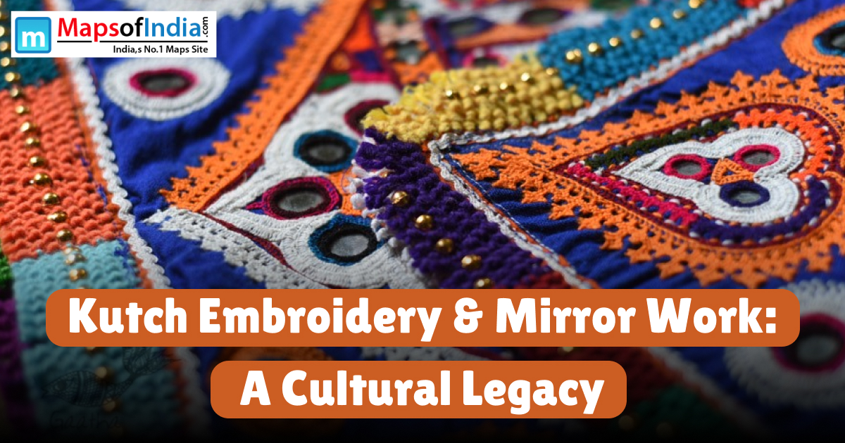 An artisan’s hand deftly stitching intricate patterns and mirrors onto vibrant Kutch embroidery, showcasing Gujarat’s rich textile heritage.