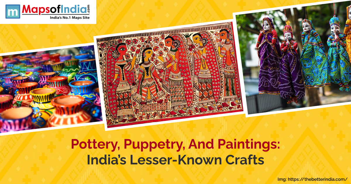 A traditional Indian pottery wheel, colorful puppets, and vibrant folk paintings showcase India's diverse and lesser-known crafts.
