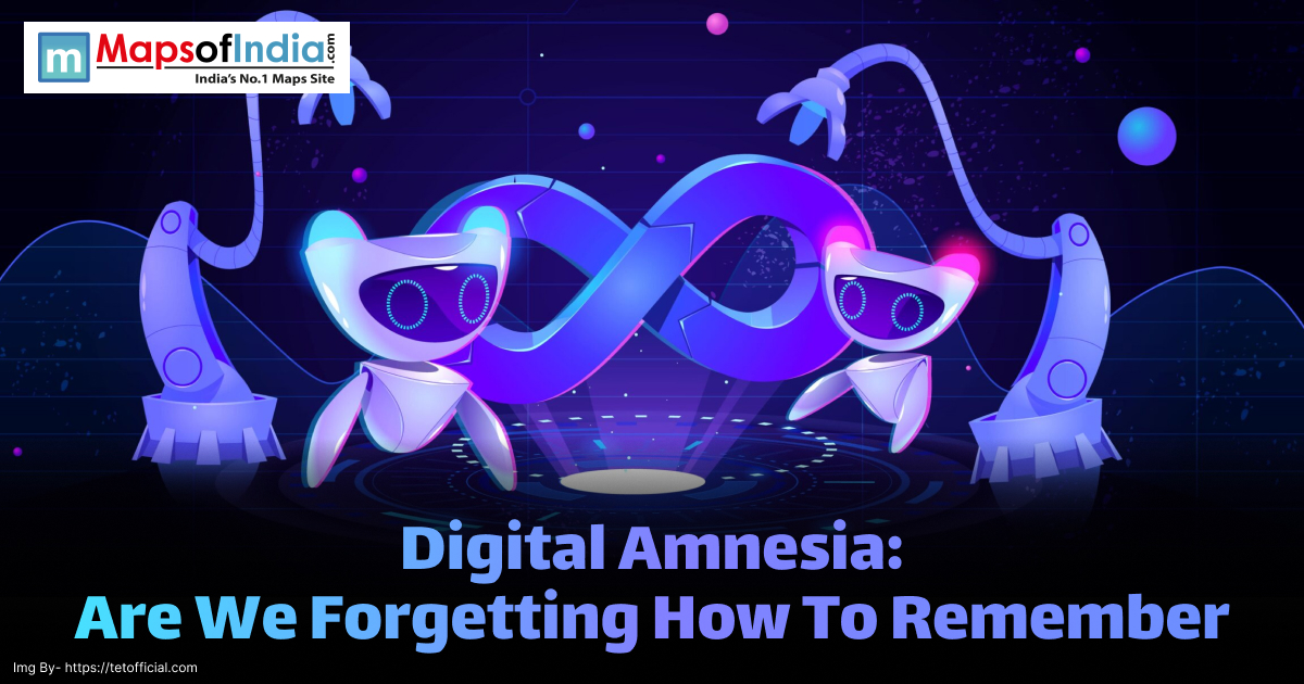 Illustration showing two robot-like AI characters with an infinity symbol between them, representing digital amnesia and the impact of technology on memory, with the headline "Digital Amnesia: Are We Forgetting How To Remember?