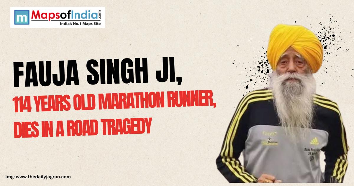 Image showing Fauja Singh Ji, the world-renowned 114-year-old marathon runner, wearing a yellow turban and sportswear.
