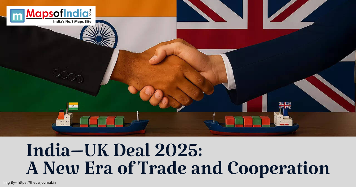 Two businessmen shaking hands in front of the Indian and UK flags, symbolizing the India–UK Deal 2025, with cargo ships representing trade and cooperation.