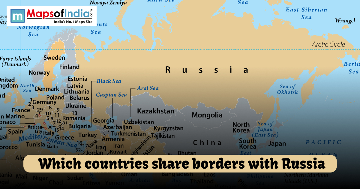 Map highlighting Russia and its neighboring countries that share land borders, including nations in Europe and Asia such as Norway, Finland, China, Mongolia, and Kazakhstan.