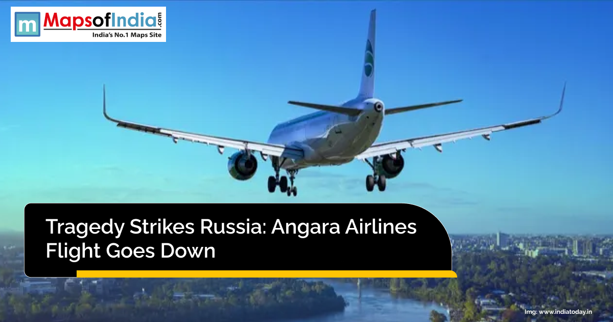 Passenger aircraft descending toward a city landscape under clear blue skies, representing the tragic crash of an Angara Airlines flight in Russia.