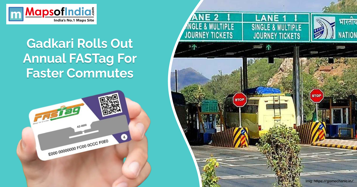 Visual showing a toll plaza with a yellow bus and a hand holding an annual FASTag card, highlighting Gadkari’s rollout for faster commutes in India.