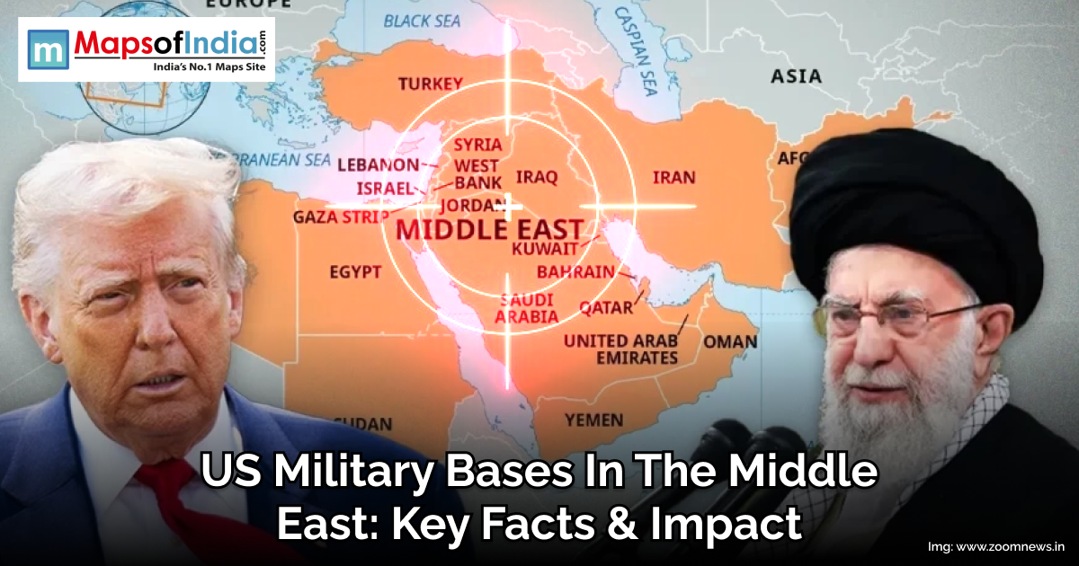Map of the Middle East highlighting US military bases, with images of Donald Trump and Iran's Supreme Leader symbolizing geopolitical tensions in the region.