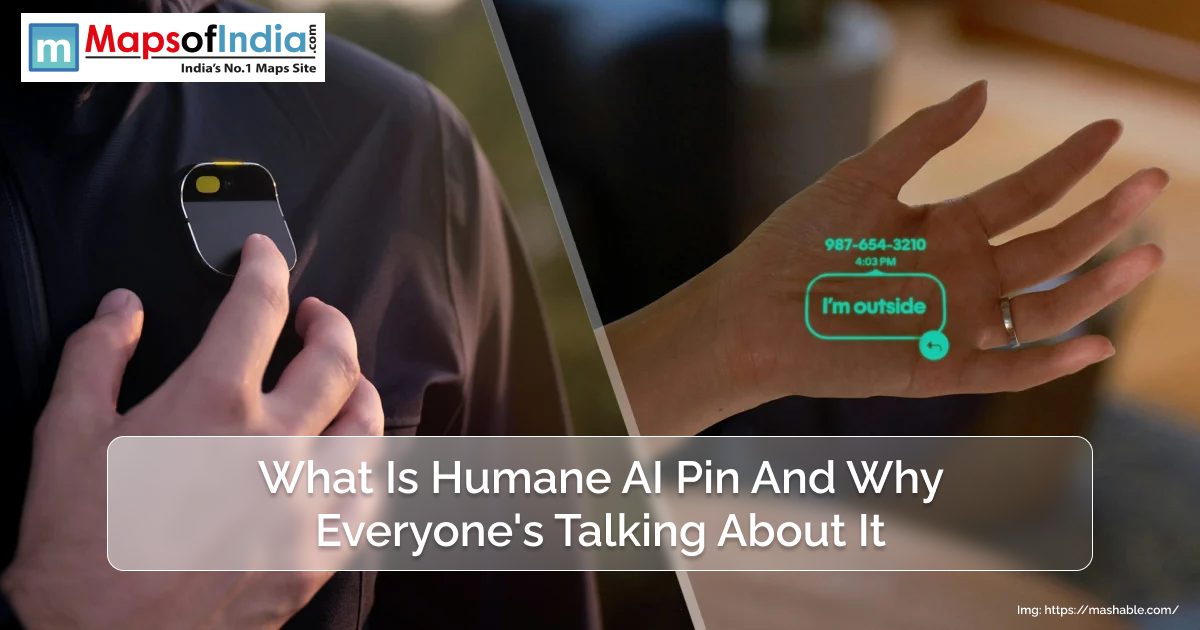 A person using the Humane AI Pin, a wearable device clipped onto clothing, with a projected user interface displaying a message on their hand.
