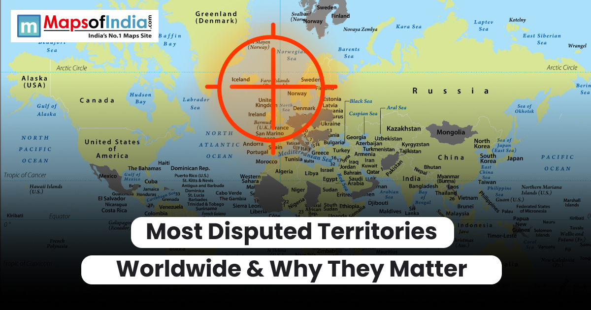 World map showing geopolitical focus on Europe and Asia, highlighting global disputed territories, with a target symbol emphasizing international conflicts.