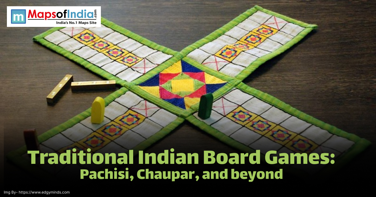 A traditional Indian board game setup featuring Pachisi with colorful fabric board, dice sticks, and game pieces placed on a wooden surface.