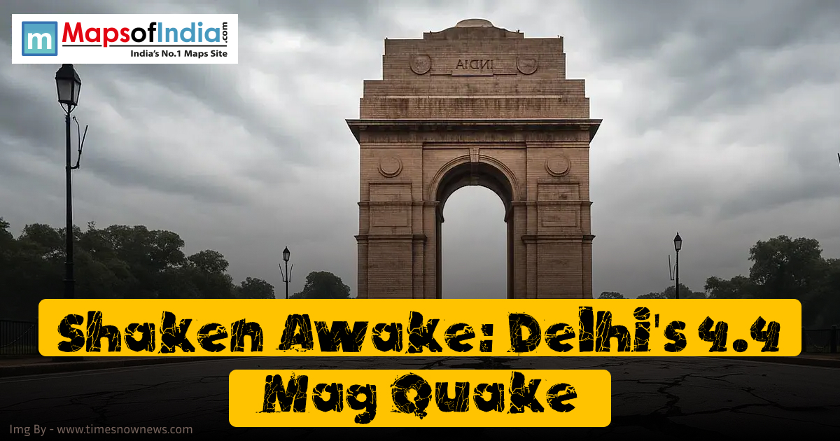 Visual of India Gate with dramatic clouds, highlighting the headline "Shaken Awake: Delhi’s 4.4 Mag Quake" referring to a recent earthquake in the region.