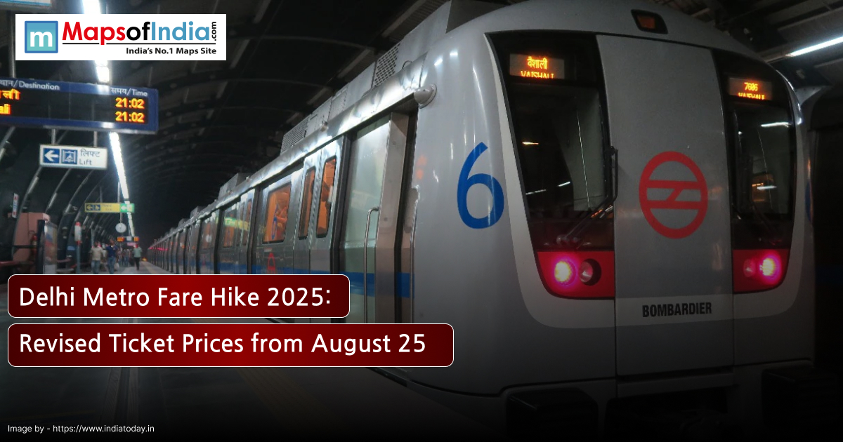 Delhi Metro fare hike 2025 announcement with revised ticket prices effective from August 25, featuring a metro train at station platform.