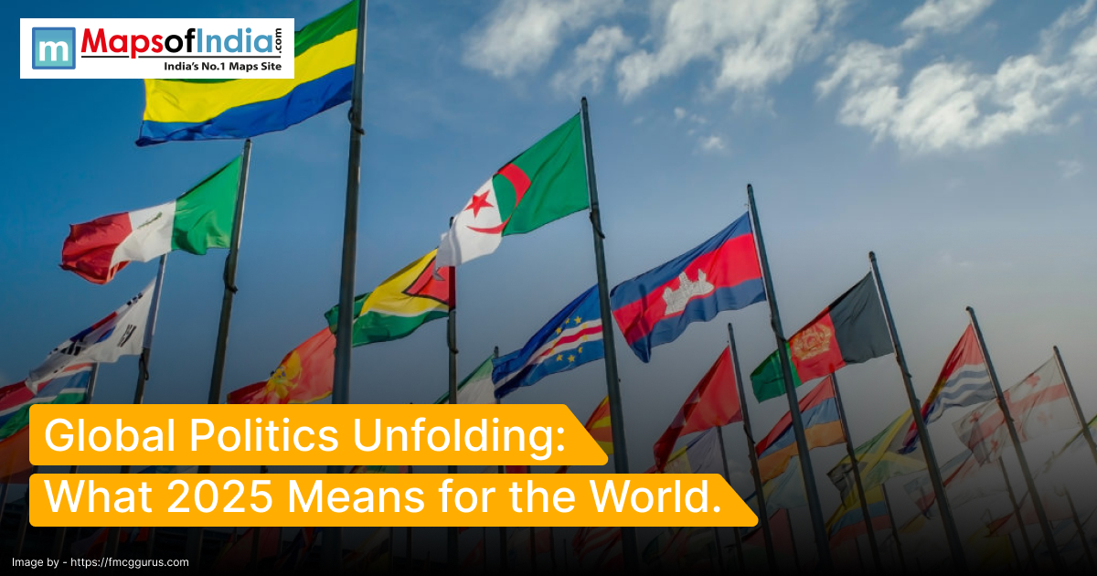 Multiple national flags from different countries waving against a blue sky, symbolizing international relations and global politics in 2025.