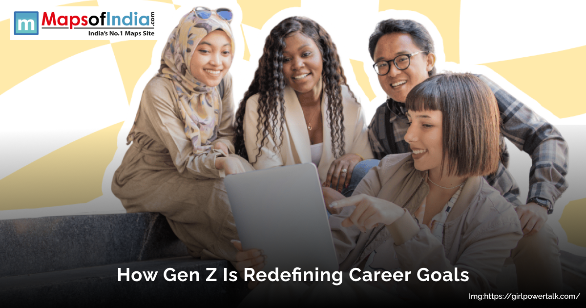 Group of diverse Gen Z professionals collaborating and discussing career goals while looking at a laptop.