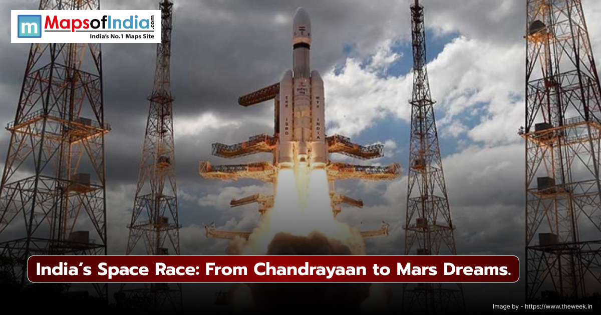 Indian rocket launching into space with powerful boosters, symbolizing ISRO’s achievements from Chandrayaan to Mars missions, under cloudy skies.