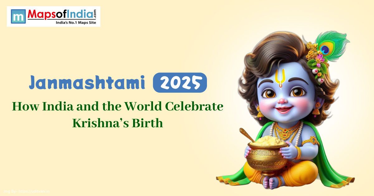 Illustration of baby Lord Krishna holding a pot of butter with a peacock feather in his hair, alongside text 'Janmashtami 2025: How India and the World Celebrate Krishna’s Birth' on a light yellow background.