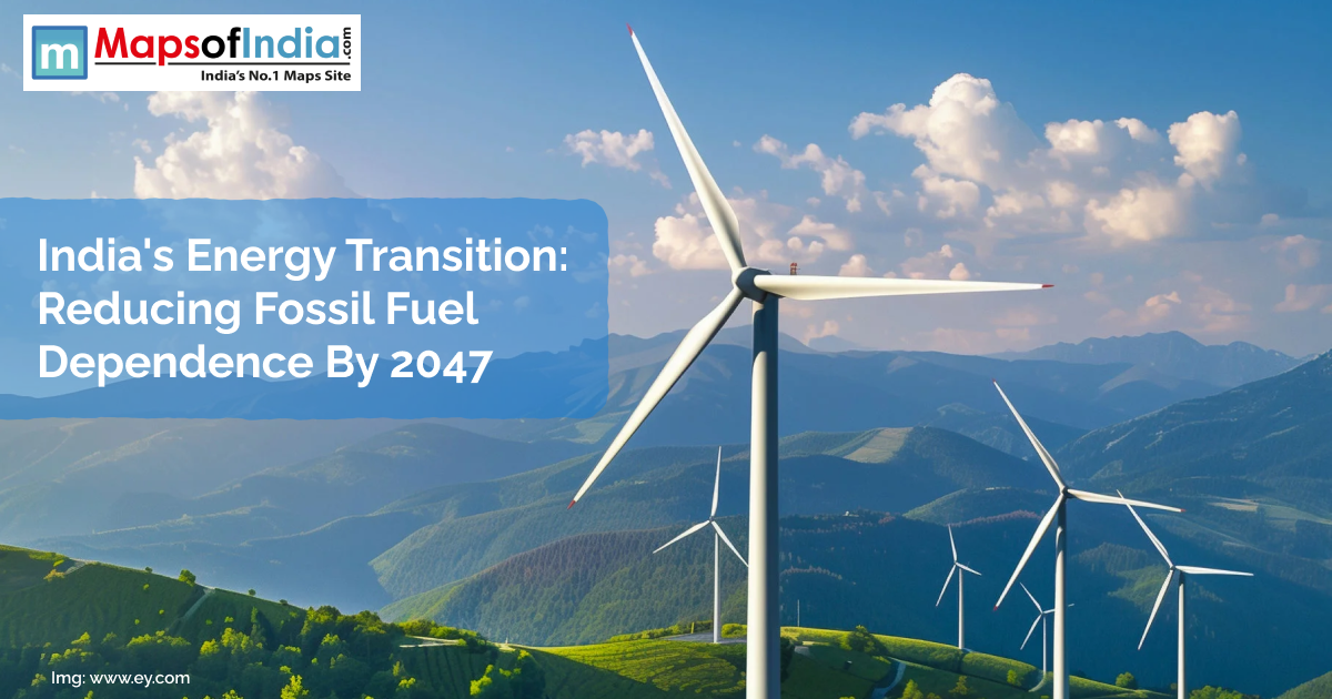 Image showing wind turbines on green hills under a blue sky, symbolizing India's shift to renewable energy and reduced fossil fuel use by 2047