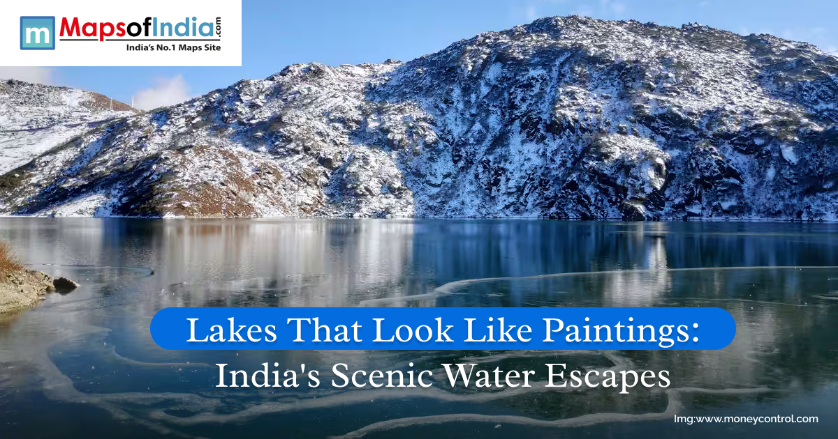 Snow-covered mountains reflecting in a serene blue lake in India, showcasing a picturesque landscape under clear skies, titled “Lakes That Look Like Paintings.”