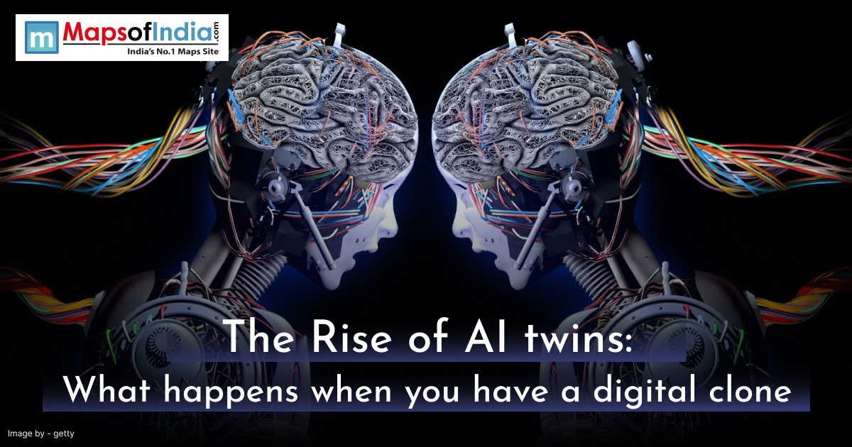 Two futuristic humanoid robots facing each other with exposed mechanical parts and illuminated, intricately wired brains, connected by colorful cables. The text overlay reads "The Rise of AI twins: What happens when you have a digital clone."