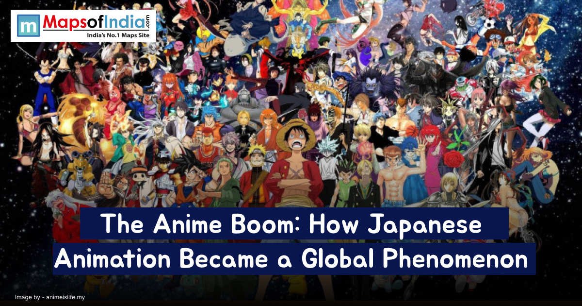 Collage of numerous iconic anime characters from various series, set against a starry space background, representing the global phenomenon of Japanese animation.