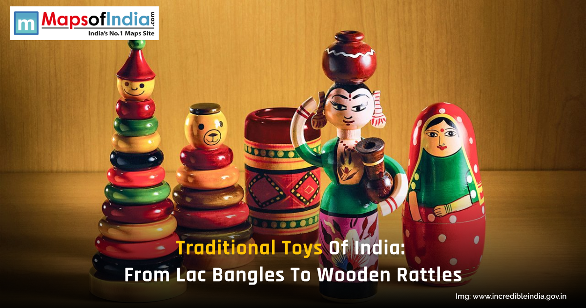 Colorful traditional Indian wooden toys including stacking dolls, rattles, and handcrafted figurines showcasing India’s rich cultural heritage.