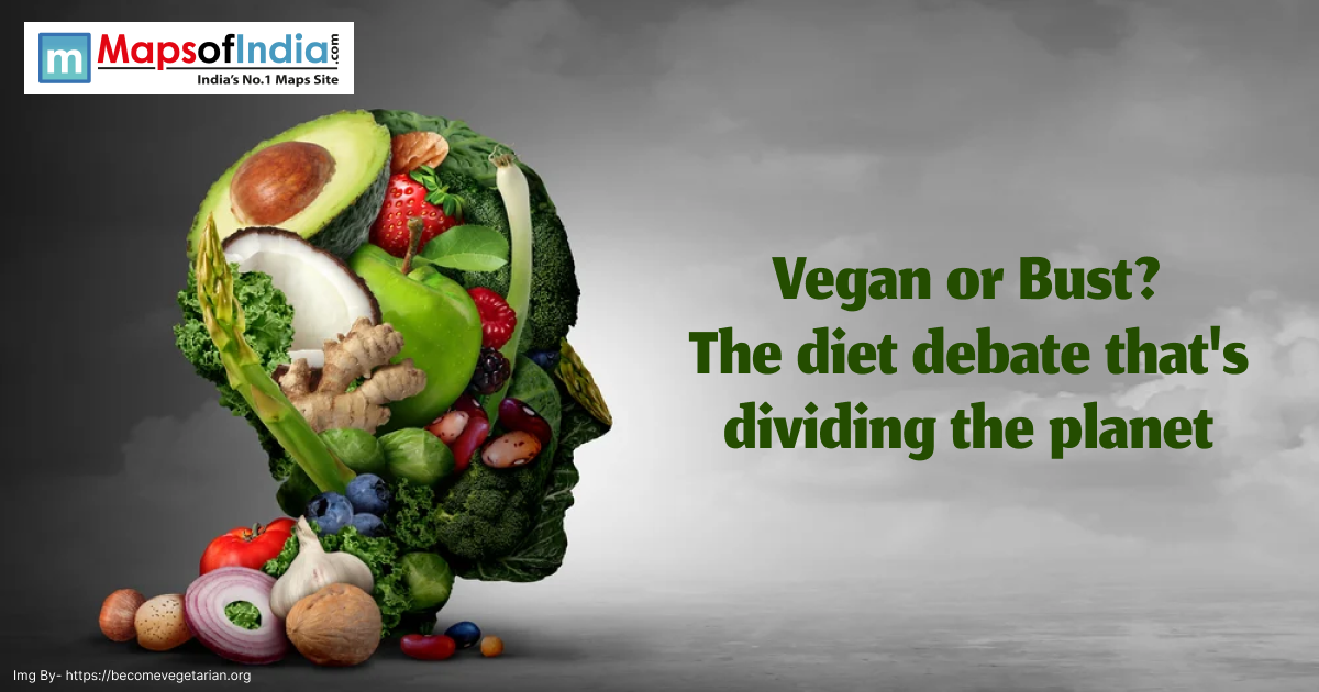 Illustration of a human head silhouette made from various fruits, vegetables, nuts, and greens, with the text “Vegan or Bust? The diet debate that's dividing the planet” alongside the Maps of India logo.