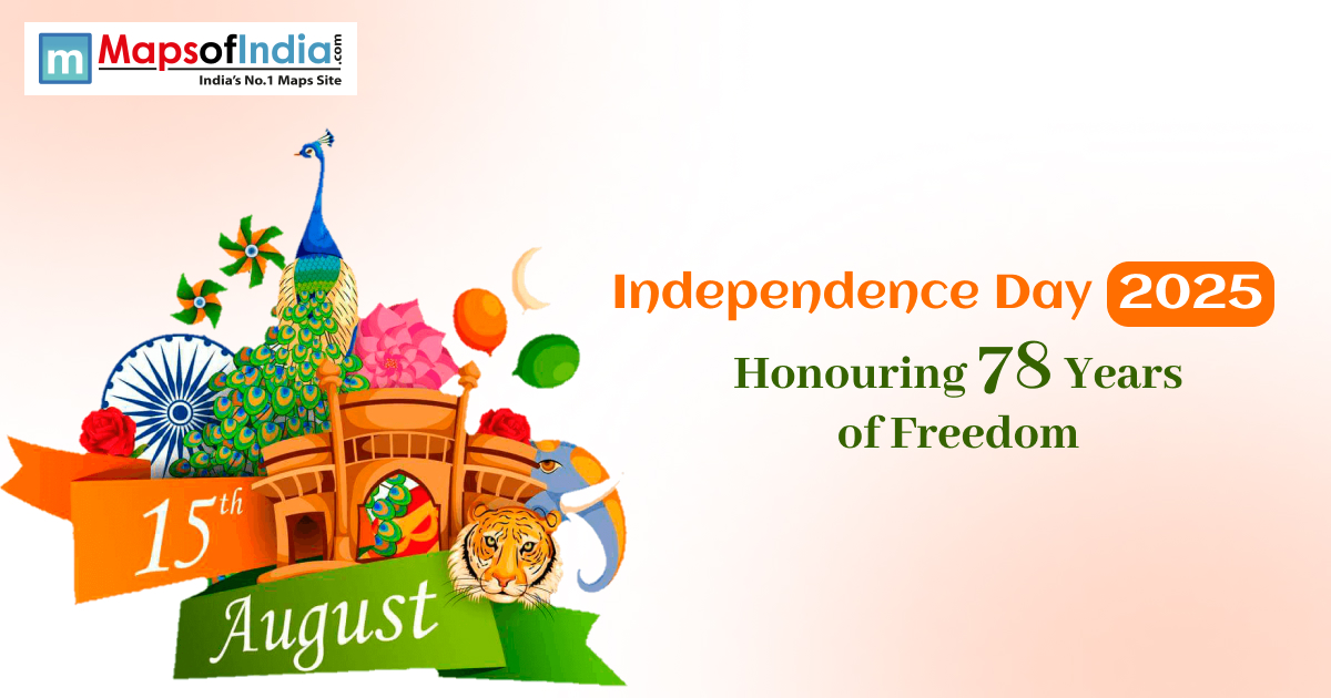 Illustration for Independence Day 2025 with “Honouring 78 Years of Freedom” text, featuring the date 15th August, India Gate, peacock, tiger, lotus, balloons, and the Indian flag theme.