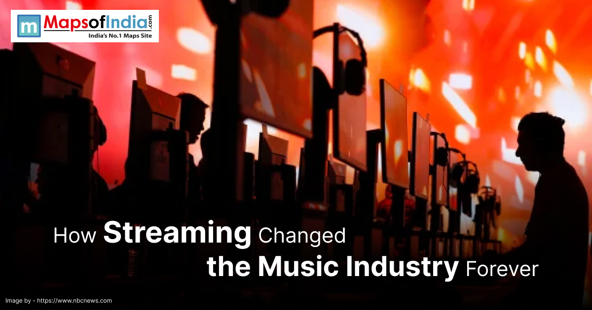 Rows of people using desktop computers with large monitors and headphones, set against a vibrant orange and red background, illustrating the concept of streaming’s impact on the music industry.