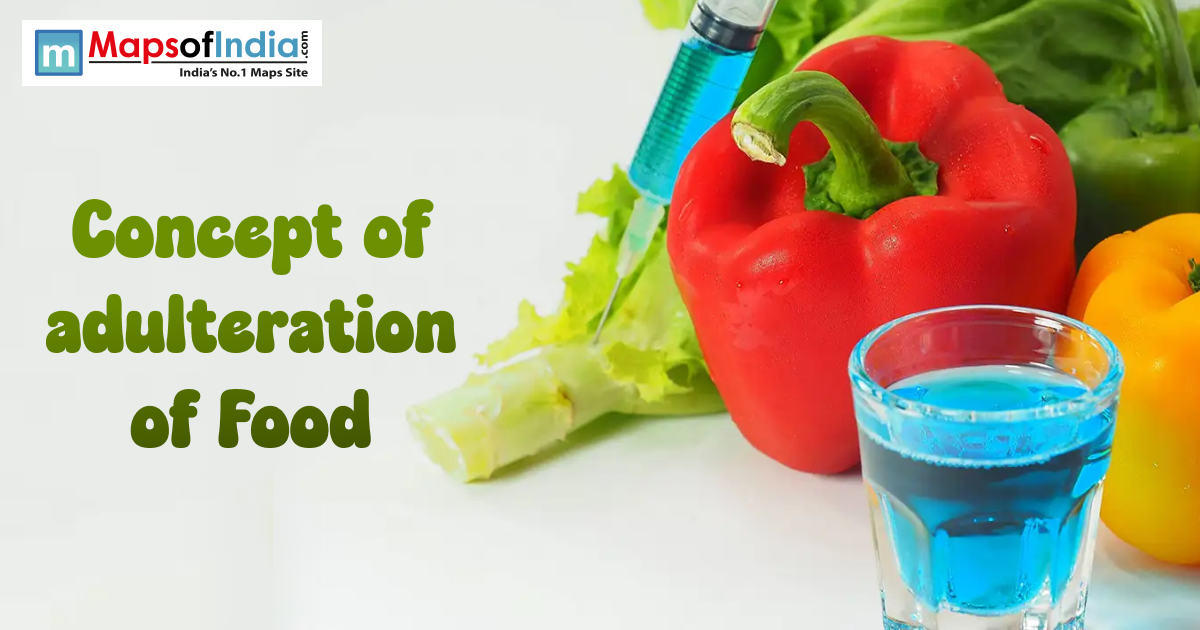 Image showing colorful bell peppers with a syringe injecting blue liquid into lettuce, alongside a glass of blue liquid, illustrating the concept of food adulteration.