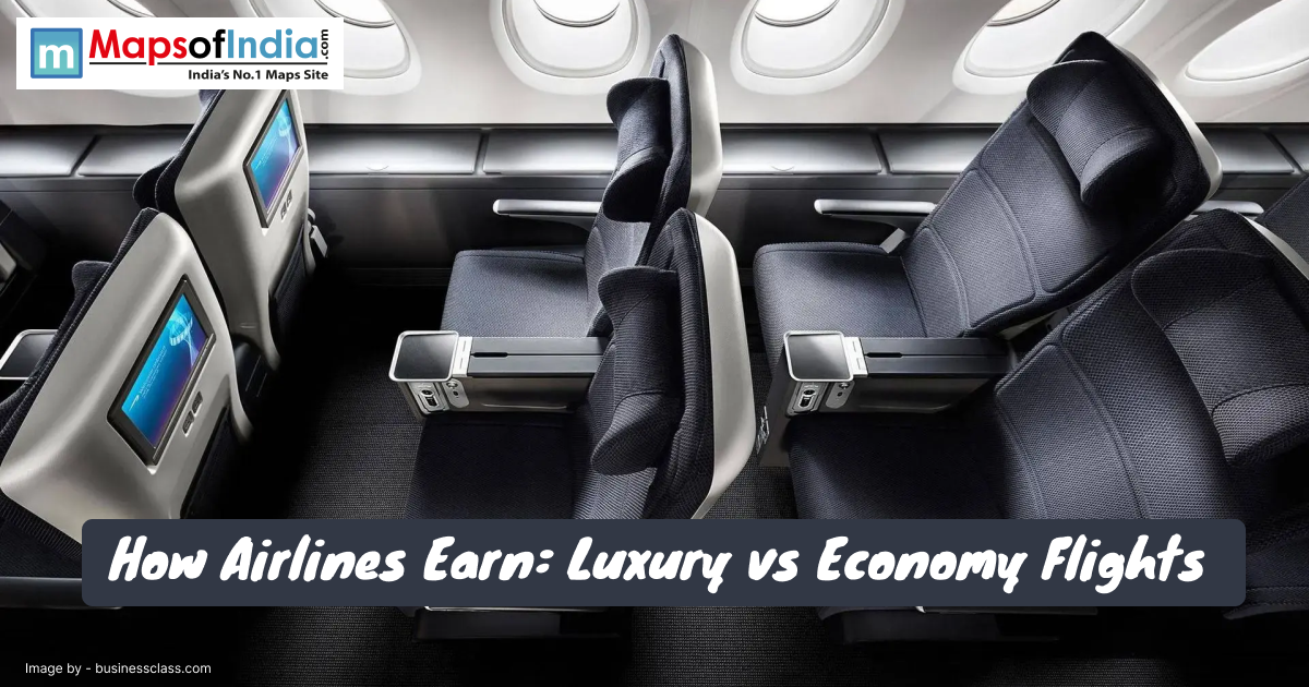 A dark image showing the interior of an airplane cabin with three rows of business or first-class seats with personal entertainment screens.